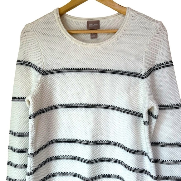 Chico’s White Textured Stripe Bateau-Neck Summer Sweater, size 1 - Picture 3 of 10
